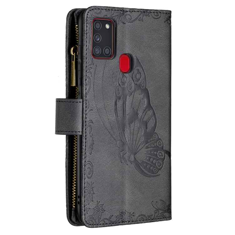 For Samsung Galaxy A21s Flying Butterfly Embossing Pattern Zipper Horizontal Flip Leather Case with Holder & Card Slots & Wallet
