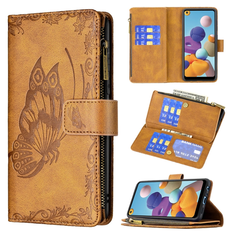 For Samsung Galaxy A21 Flying Butterfly Embossing Pattern Zipper Horizontal Flip Leather Case with Holder & Card Slots & Wallet