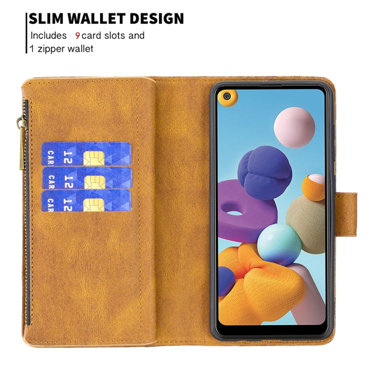 For Samsung Galaxy A21 Flying Butterfly Embossing Pattern Zipper Horizontal Flip Leather Case with Holder & Card Slots & Wallet