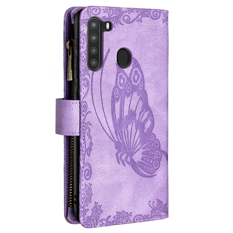 For Samsung Galaxy A21 Flying Butterfly Embossing Pattern Zipper Horizontal Flip Leather Case with Holder & Card Slots & Wallet