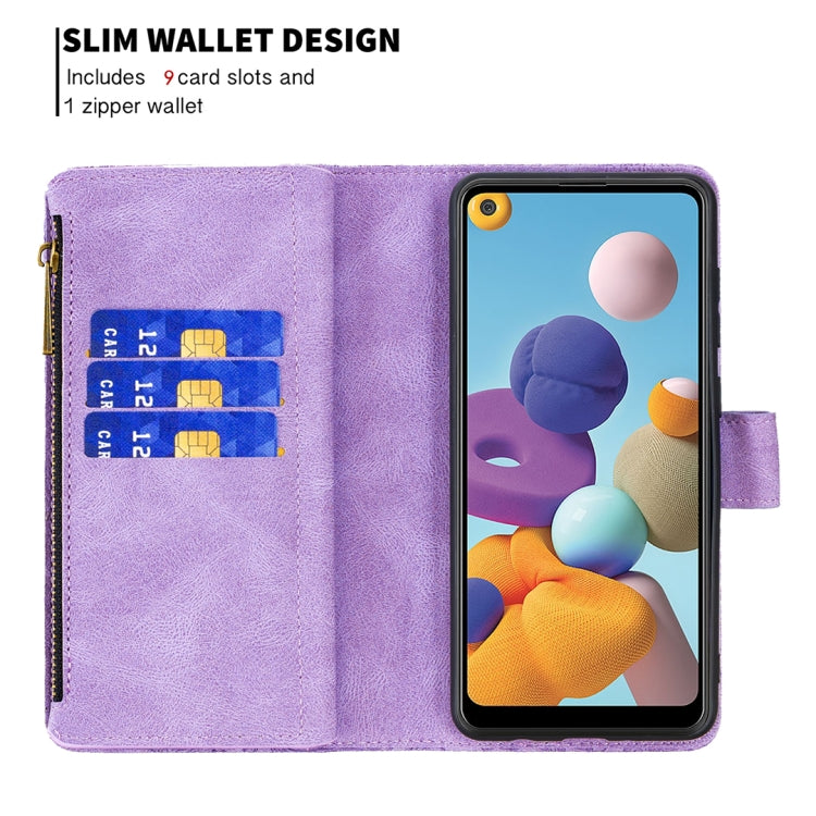 For Samsung Galaxy A21 Flying Butterfly Embossing Pattern Zipper Horizontal Flip Leather Case with Holder & Card Slots & Wallet