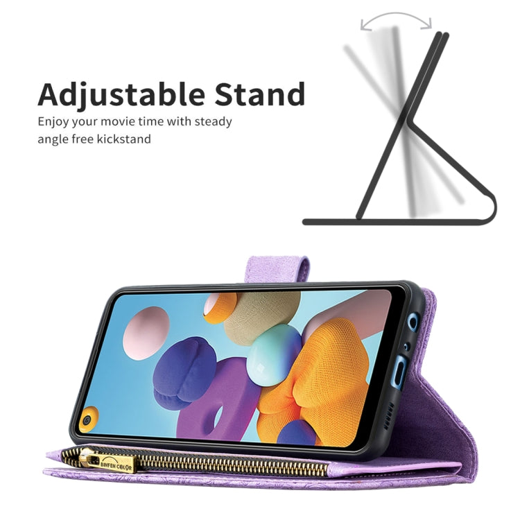 For Samsung Galaxy A21 Flying Butterfly Embossing Pattern Zipper Horizontal Flip Leather Case with Holder & Card Slots & Wallet