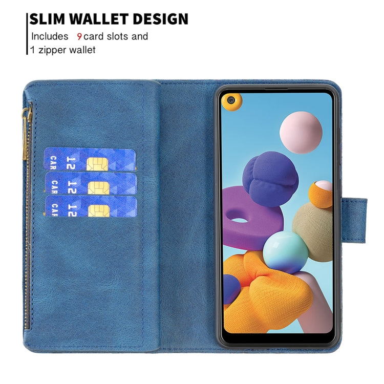 For Samsung Galaxy A21 Flying Butterfly Embossing Pattern Zipper Horizontal Flip Leather Case with Holder & Card Slots & Wallet