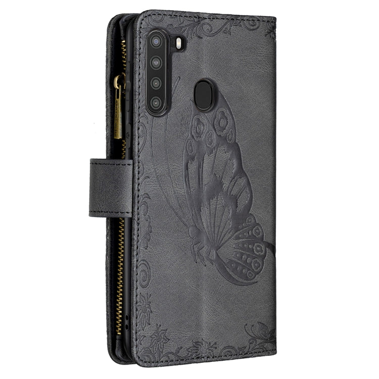 For Samsung Galaxy A21 Flying Butterfly Embossing Pattern Zipper Horizontal Flip Leather Case with Holder & Card Slots & Wallet