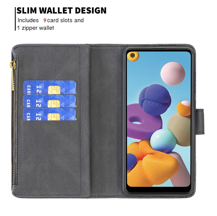 For Samsung Galaxy A21 Flying Butterfly Embossing Pattern Zipper Horizontal Flip Leather Case with Holder & Card Slots & Wallet