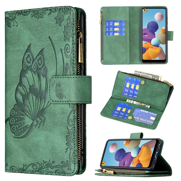 For Samsung Galaxy A21 Flying Butterfly Embossing Pattern Zipper Horizontal Flip Leather Case with Holder & Card Slots & Wallet