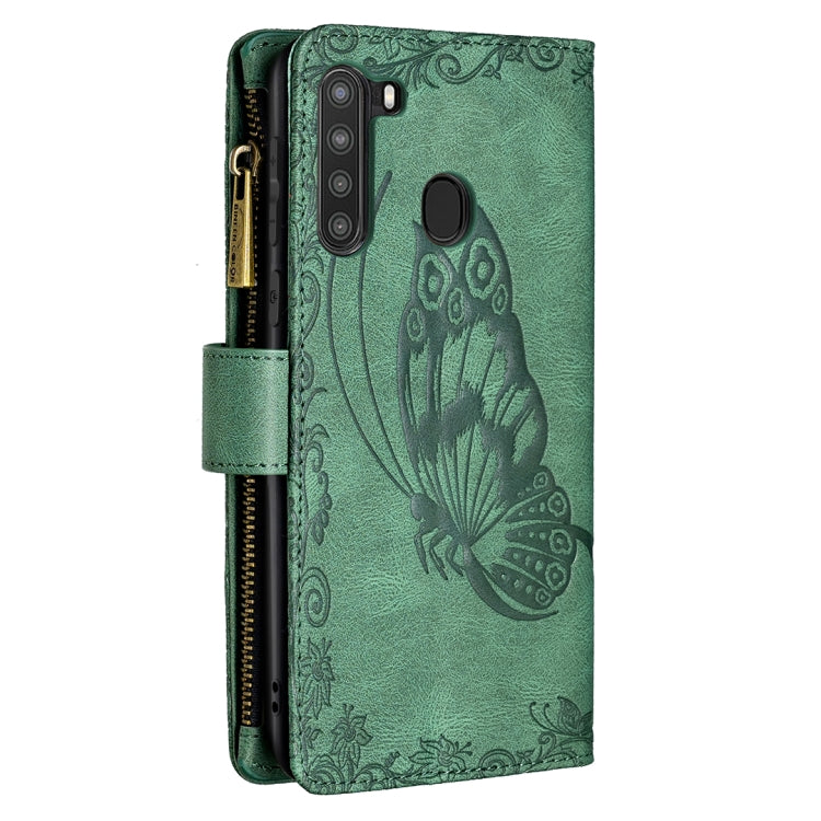 For Samsung Galaxy A21 Flying Butterfly Embossing Pattern Zipper Horizontal Flip Leather Case with Holder & Card Slots & Wallet