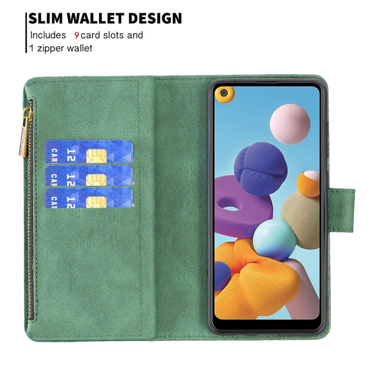 For Samsung Galaxy A21 Flying Butterfly Embossing Pattern Zipper Horizontal Flip Leather Case with Holder & Card Slots & Wallet