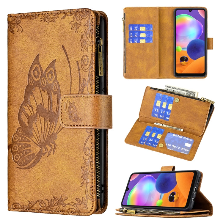 For Samsung Galaxy A31 Flying Butterfly Embossing Pattern Zipper Horizontal Flip Leather Case with Holder & Card Slots & Wallet