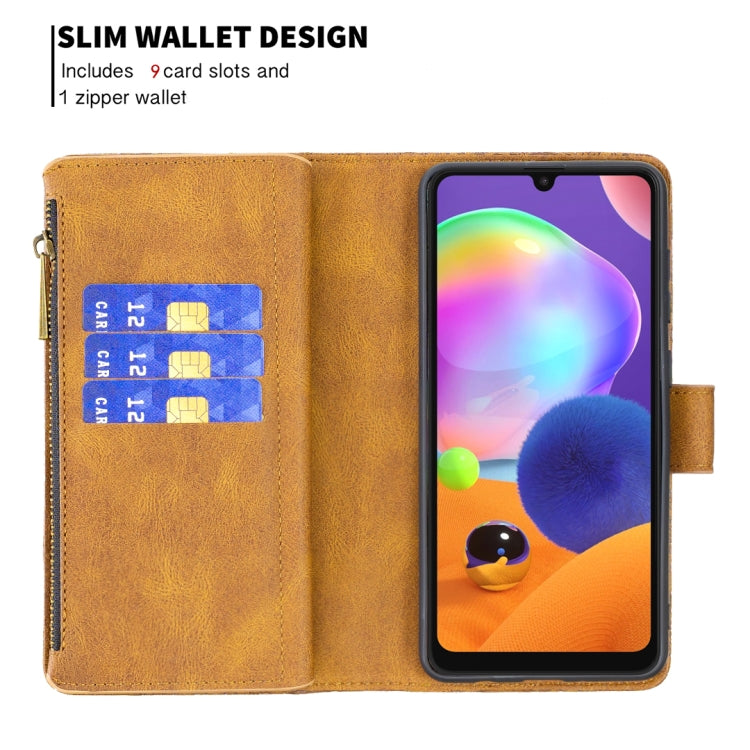 For Samsung Galaxy A31 Flying Butterfly Embossing Pattern Zipper Horizontal Flip Leather Case with Holder & Card Slots & Wallet