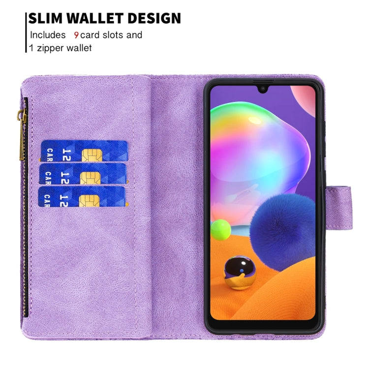 For Samsung Galaxy A31 Flying Butterfly Embossing Pattern Zipper Horizontal Flip Leather Case with Holder & Card Slots & Wallet