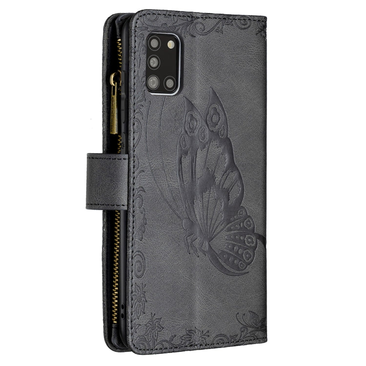 For Samsung Galaxy A31 Flying Butterfly Embossing Pattern Zipper Horizontal Flip Leather Case with Holder & Card Slots & Wallet