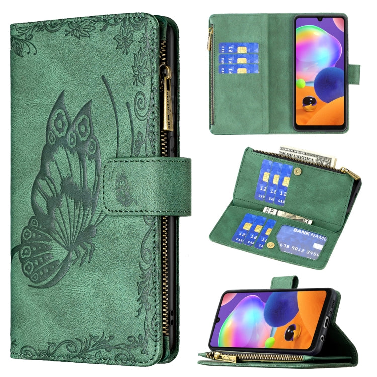 For Samsung Galaxy A31 Flying Butterfly Embossing Pattern Zipper Horizontal Flip Leather Case with Holder & Card Slots & Wallet