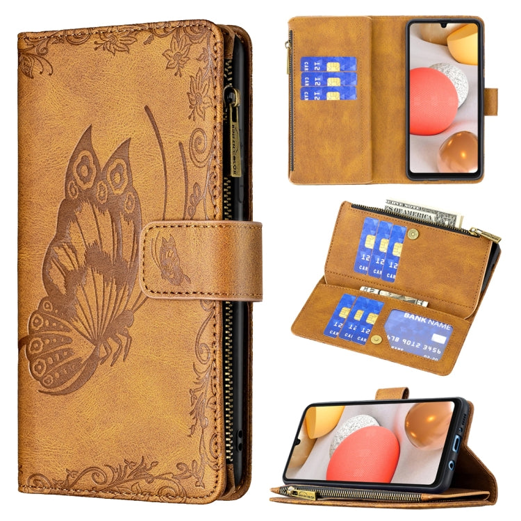 For Samsung Galaxy A42 Flying Butterfly Embossing Pattern Zipper Horizontal Flip Leather Case with Holder & Card Slots & Wallet