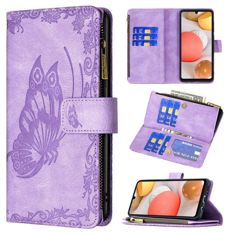 For Samsung Galaxy A42 Flying Butterfly Embossing Pattern Zipper Horizontal Flip Leather Case with Holder & Card Slots & Wallet