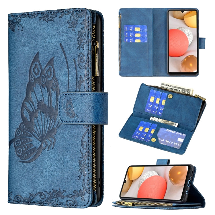 For Samsung Galaxy A42 Flying Butterfly Embossing Pattern Zipper Horizontal Flip Leather Case with Holder & Card Slots & Wallet