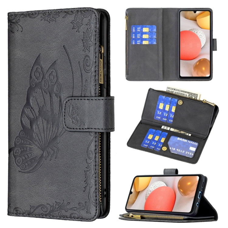 For Samsung Galaxy A42 Flying Butterfly Embossing Pattern Zipper Horizontal Flip Leather Case with Holder & Card Slots & Wallet