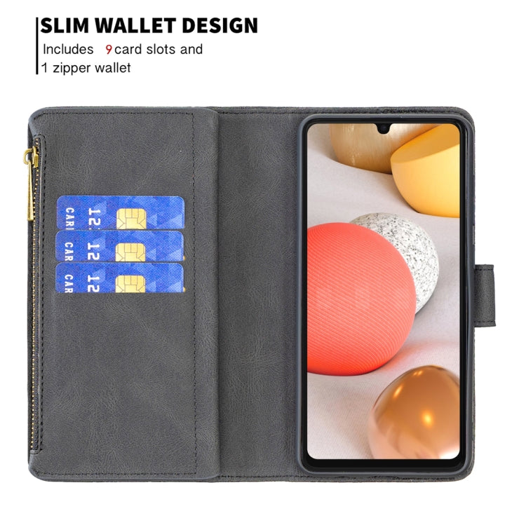 For Samsung Galaxy A42 Flying Butterfly Embossing Pattern Zipper Horizontal Flip Leather Case with Holder & Card Slots & Wallet