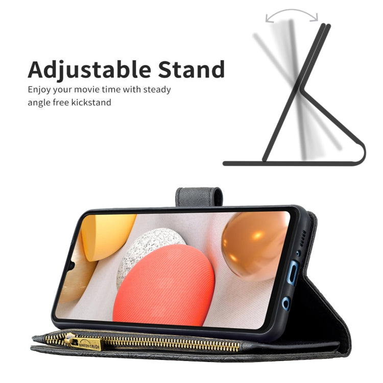 For Samsung Galaxy A42 Flying Butterfly Embossing Pattern Zipper Horizontal Flip Leather Case with Holder & Card Slots & Wallet