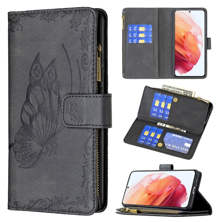 For Samsung Galaxy S21 5G Flying Butterfly Embossing Pattern Zipper Horizontal Flip Leather Case with Holder & Card Slots & Wallet