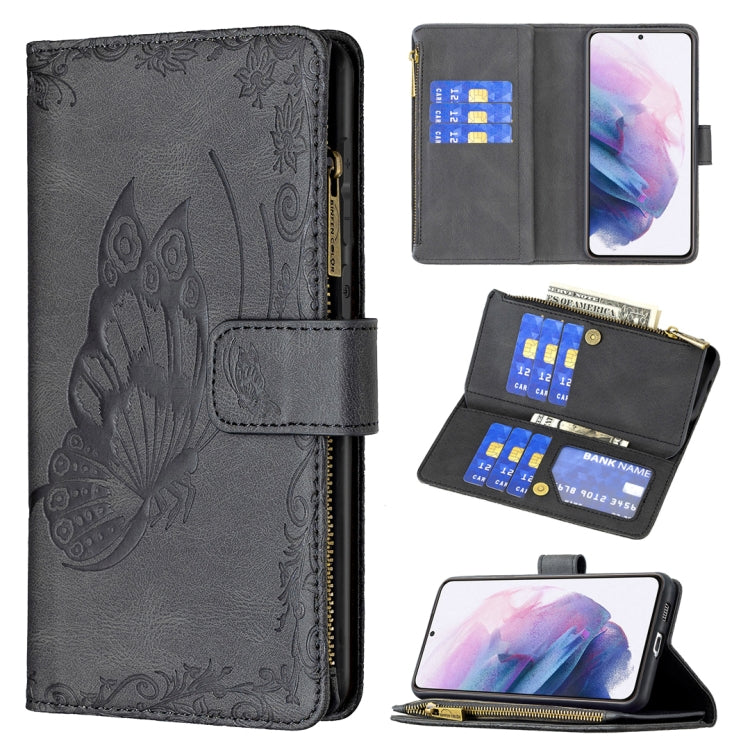 For Samsung Galaxy S21+ 5G Flying Butterfly Embossing Pattern Zipper Horizontal Flip Leather Case with Holder & Card Slots & Wallet