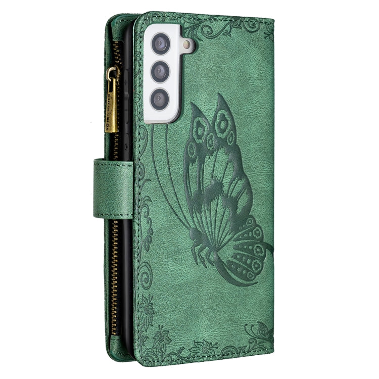 For Samsung Galaxy S21+ 5G Flying Butterfly Embossing Pattern Zipper Horizontal Flip Leather Case with Holder & Card Slots & Wallet