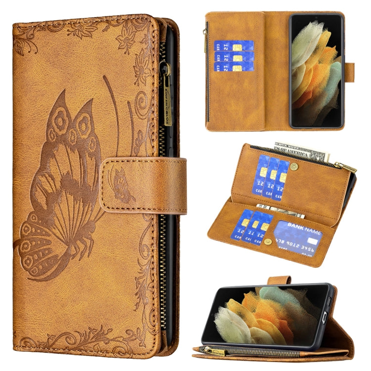 For Samsung Galaxy S21 Ultra 5G Flying Butterfly Embossing Pattern Zipper Horizontal Flip Leather Case with Holder & Card Slots & Wallet