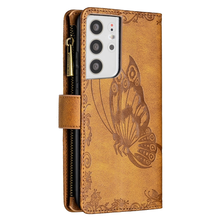 For Samsung Galaxy S21 Ultra 5G Flying Butterfly Embossing Pattern Zipper Horizontal Flip Leather Case with Holder & Card Slots & Wallet