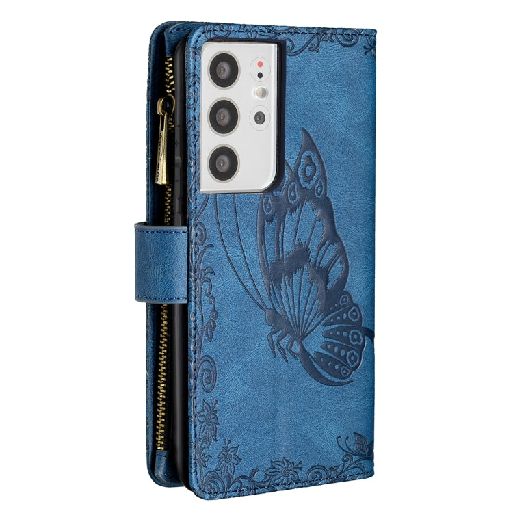 For Samsung Galaxy S21 Ultra 5G Flying Butterfly Embossing Pattern Zipper Horizontal Flip Leather Case with Holder & Card Slots & Wallet
