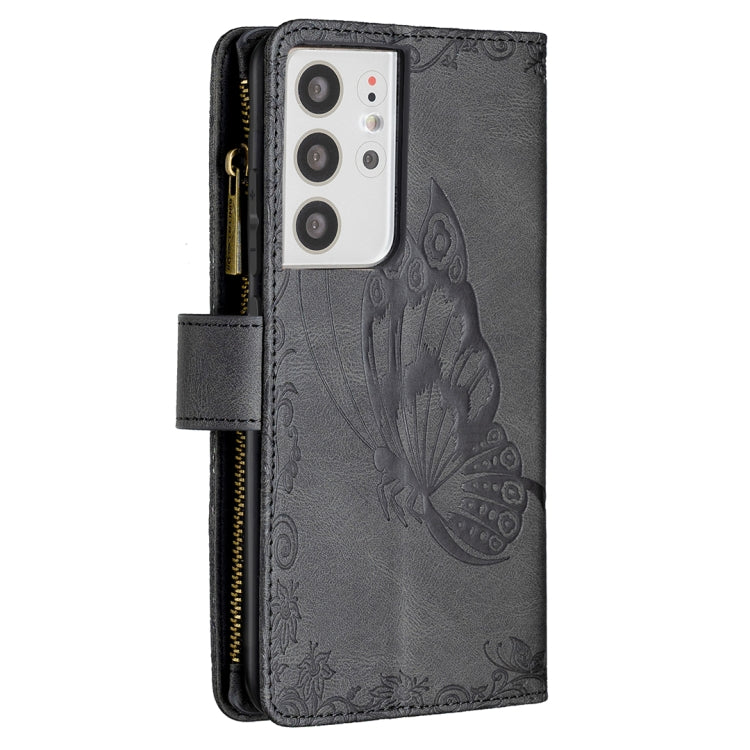 For Samsung Galaxy S21 Ultra 5G Flying Butterfly Embossing Pattern Zipper Horizontal Flip Leather Case with Holder & Card Slots & Wallet