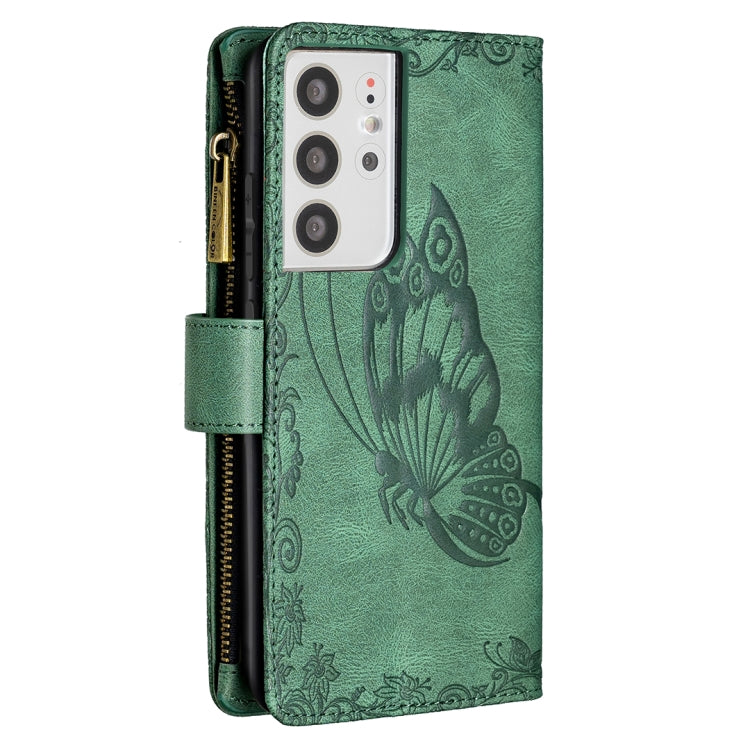 For Samsung Galaxy S21 Ultra 5G Flying Butterfly Embossing Pattern Zipper Horizontal Flip Leather Case with Holder & Card Slots & Wallet