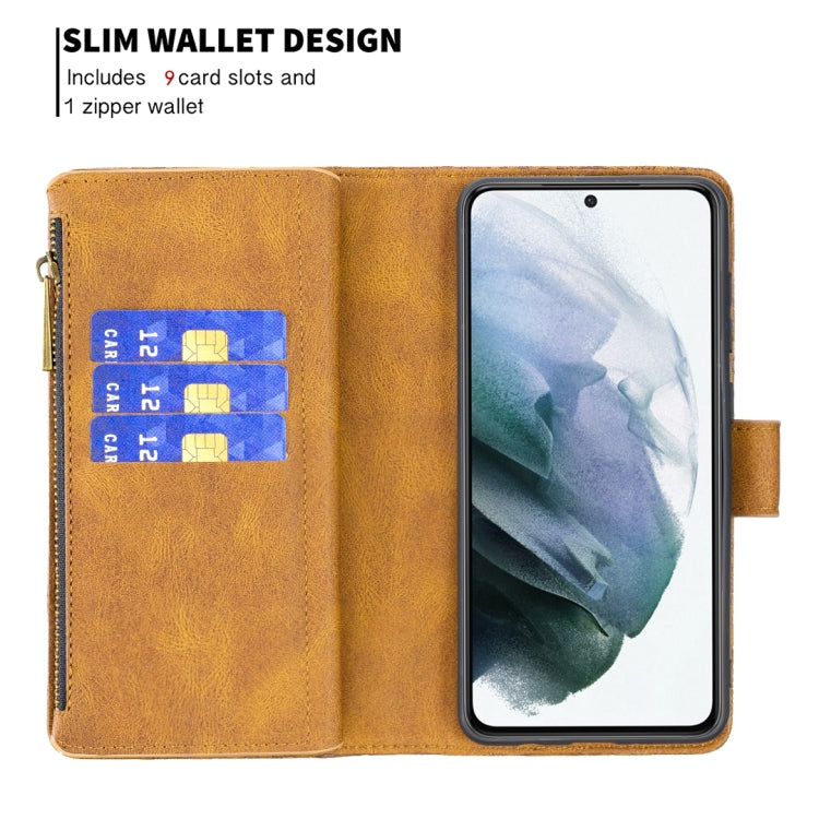 For Samsung Galaxy S21 FE Flying Butterfly Embossing Pattern Zipper Horizontal Flip Leather Case with Holder & Card Slots & Wallet