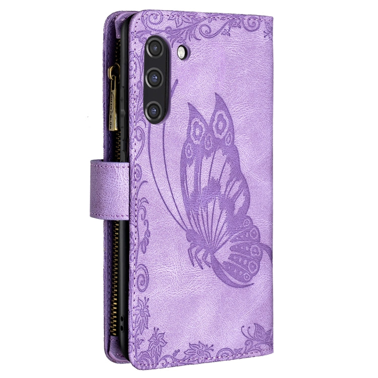 For Samsung Galaxy S21 FE Flying Butterfly Embossing Pattern Zipper Horizontal Flip Leather Case with Holder & Card Slots & Wallet