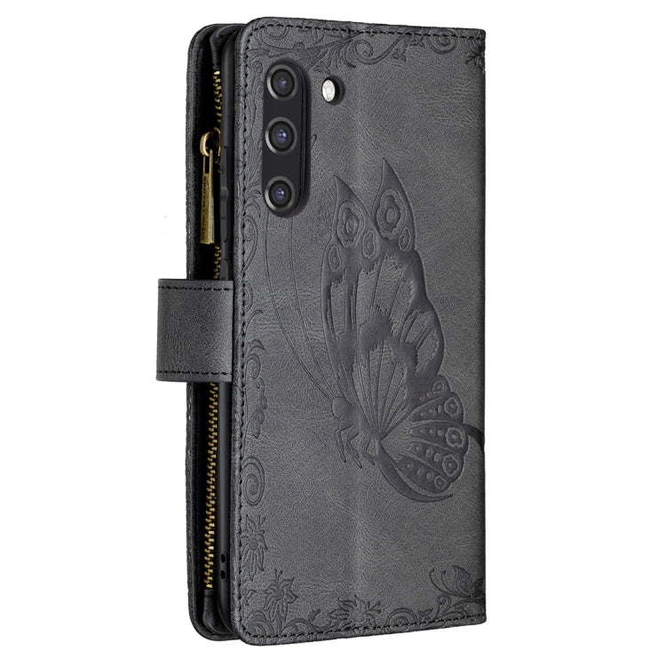 For Samsung Galaxy S21 FE Flying Butterfly Embossing Pattern Zipper Horizontal Flip Leather Case with Holder & Card Slots & Wallet