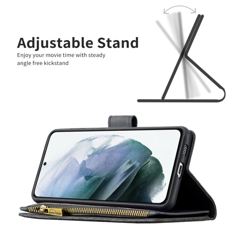 For Samsung Galaxy S21 FE Flying Butterfly Embossing Pattern Zipper Horizontal Flip Leather Case with Holder & Card Slots & Wallet