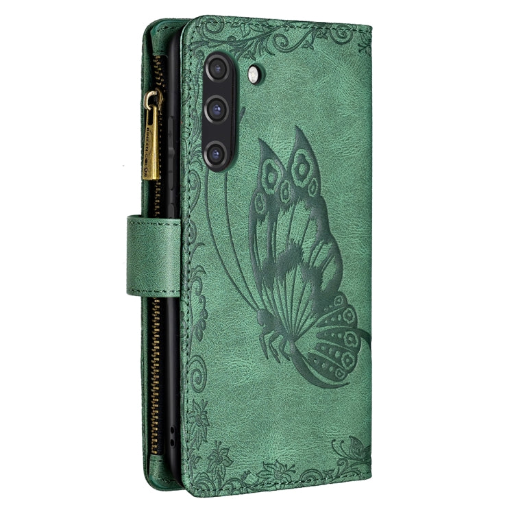 For Samsung Galaxy S21 FE Flying Butterfly Embossing Pattern Zipper Horizontal Flip Leather Case with Holder & Card Slots & Wallet