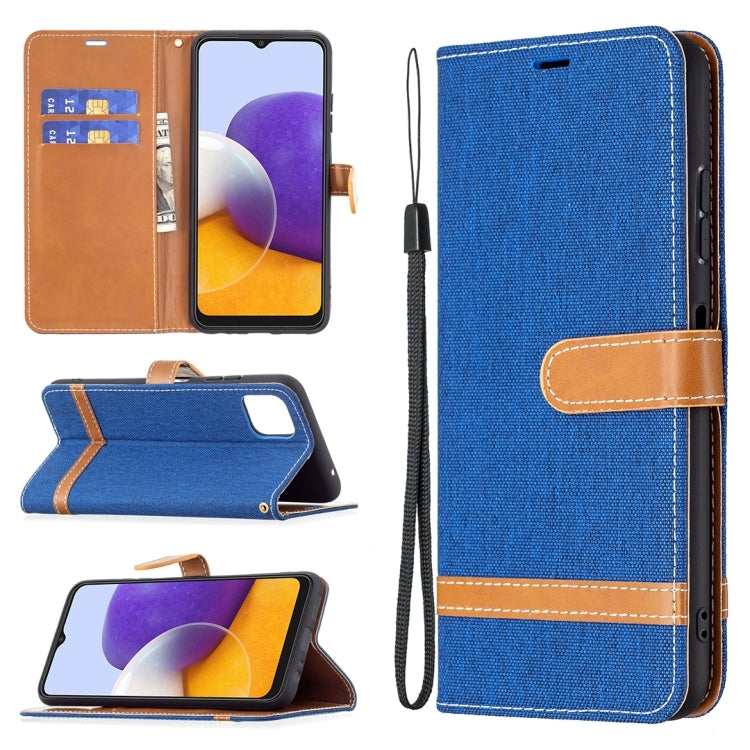 For Samsung Galaxy A22 5G Color Matching Denim Texture Horizontal Flip Leather Case with Holder & Card Slots & Wallet & Lanyard