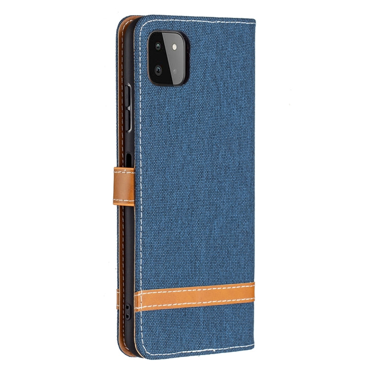 For Samsung Galaxy A22 5G Color Matching Denim Texture Horizontal Flip Leather Case with Holder & Card Slots & Wallet & Lanyard