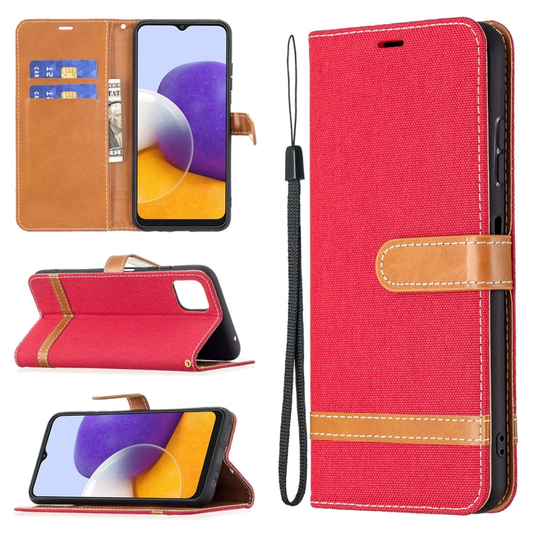 For Samsung Galaxy A22 5G Color Matching Denim Texture Horizontal Flip Leather Case with Holder & Card Slots & Wallet & Lanyard