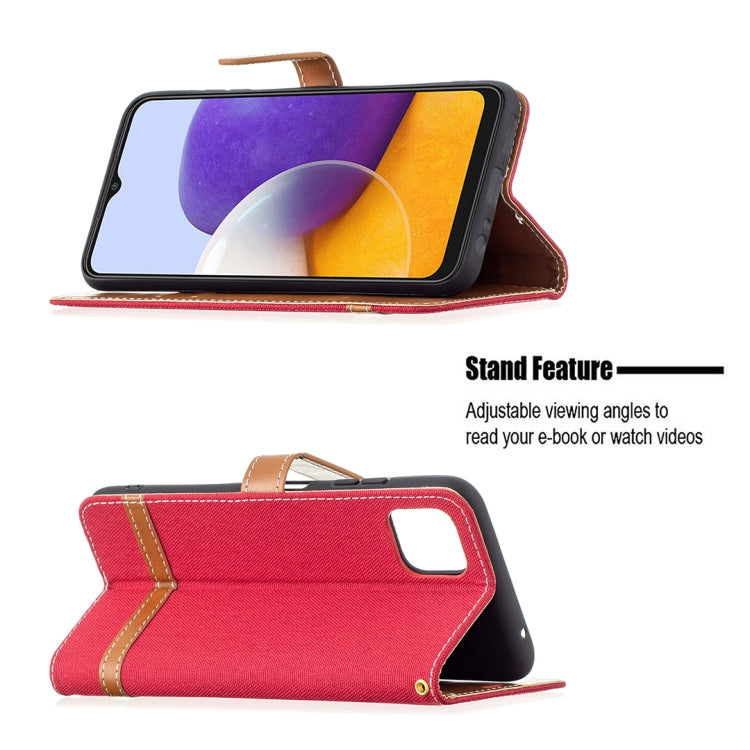 For Samsung Galaxy A22 5G Color Matching Denim Texture Horizontal Flip Leather Case with Holder & Card Slots & Wallet & Lanyard