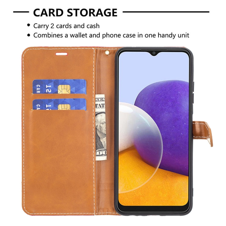 For Samsung Galaxy A22 5G Color Matching Denim Texture Horizontal Flip Leather Case with Holder & Card Slots & Wallet & Lanyard
