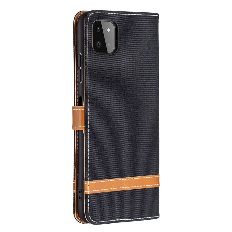 For Samsung Galaxy A22 5G Color Matching Denim Texture Horizontal Flip Leather Case with Holder & Card Slots & Wallet & Lanyard