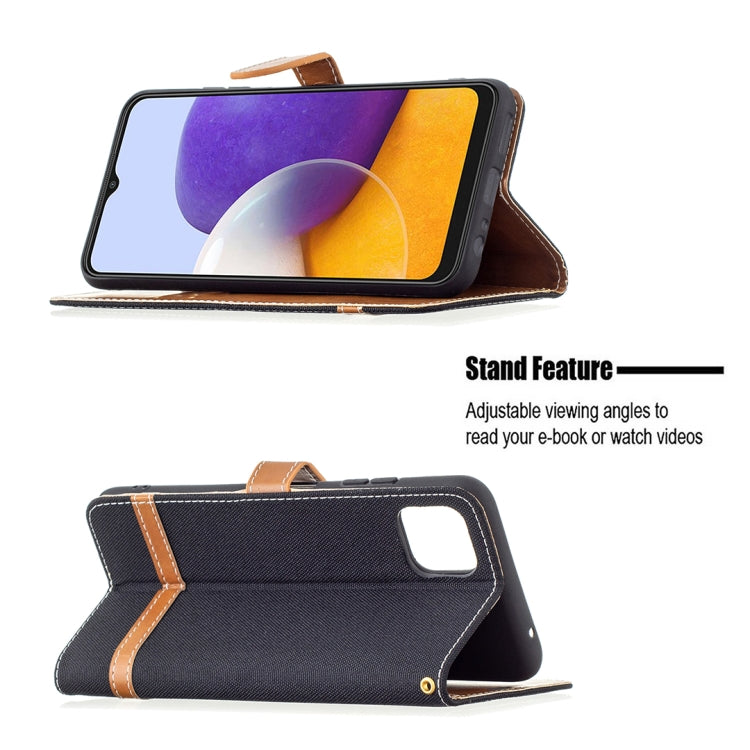 For Samsung Galaxy A22 5G Color Matching Denim Texture Horizontal Flip Leather Case with Holder & Card Slots & Wallet & Lanyard