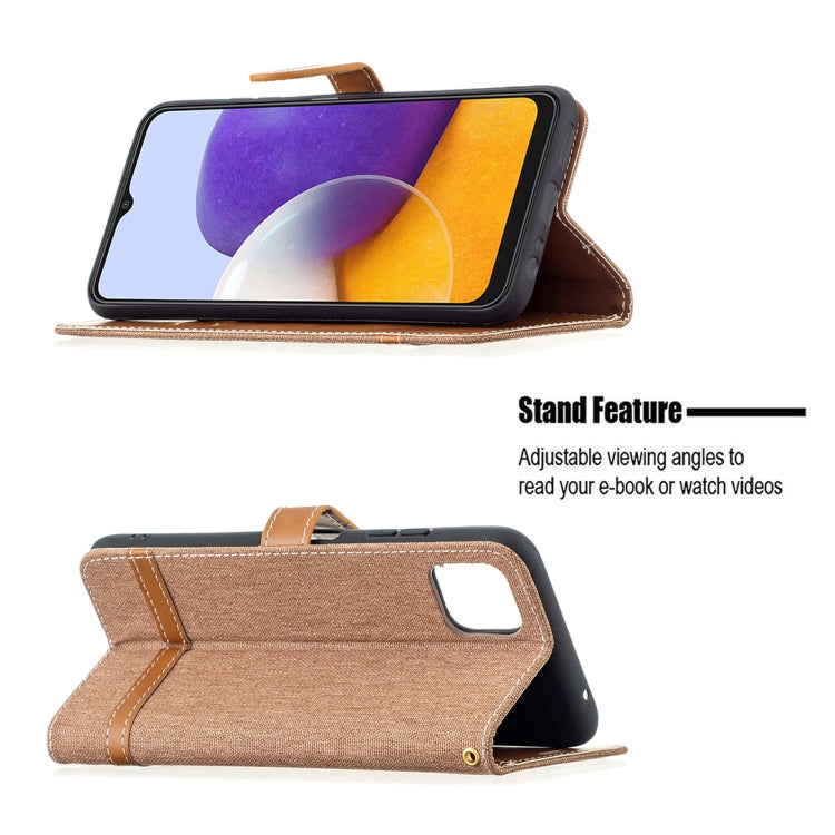 For Samsung Galaxy A22 5G Color Matching Denim Texture Horizontal Flip Leather Case with Holder & Card Slots & Wallet & Lanyard