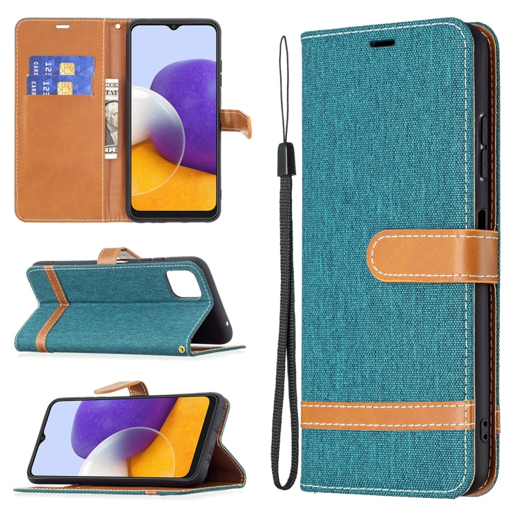 For Samsung Galaxy A22 5G Color Matching Denim Texture Horizontal Flip Leather Case with Holder & Card Slots & Wallet & Lanyard