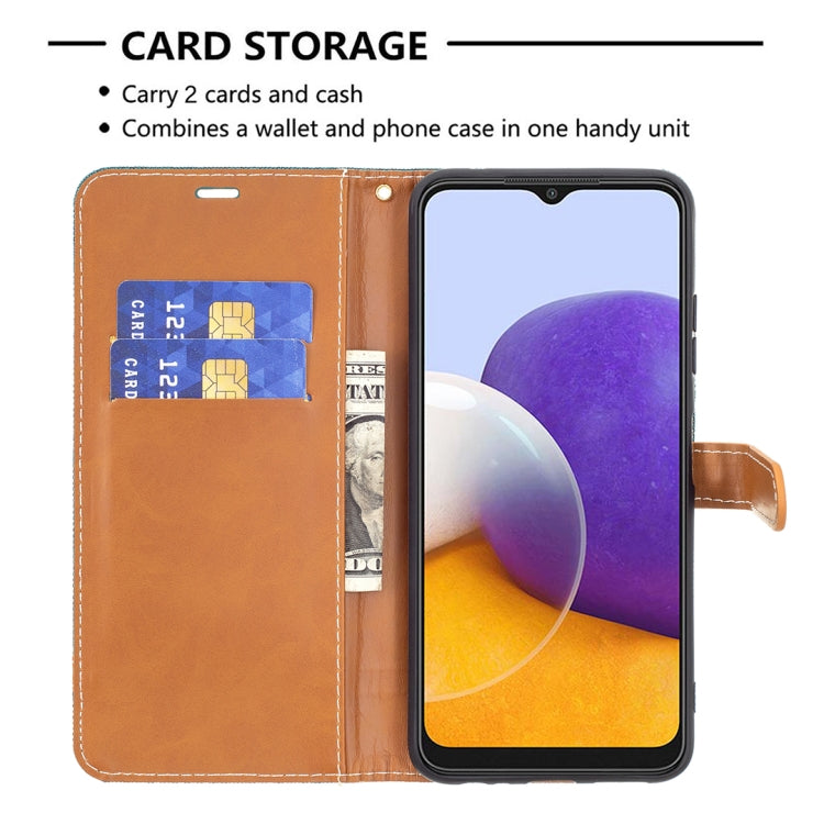 For Samsung Galaxy A22 5G Color Matching Denim Texture Horizontal Flip Leather Case with Holder & Card Slots & Wallet & Lanyard