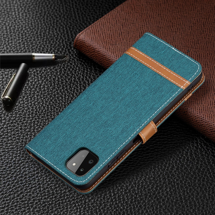 For Samsung Galaxy A22 5G Color Matching Denim Texture Horizontal Flip Leather Case with Holder & Card Slots & Wallet & Lanyard