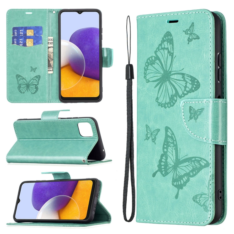 For Samsung Galaxy A22 5G Embossing Two Butterflies Pattern Horizontal Flip PU Leather Case with Holder & Card Slot & Wallet & Lanyard