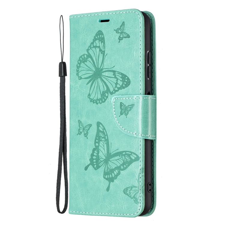 For Samsung Galaxy A22 5G Embossing Two Butterflies Pattern Horizontal Flip PU Leather Case with Holder & Card Slot & Wallet & Lanyard