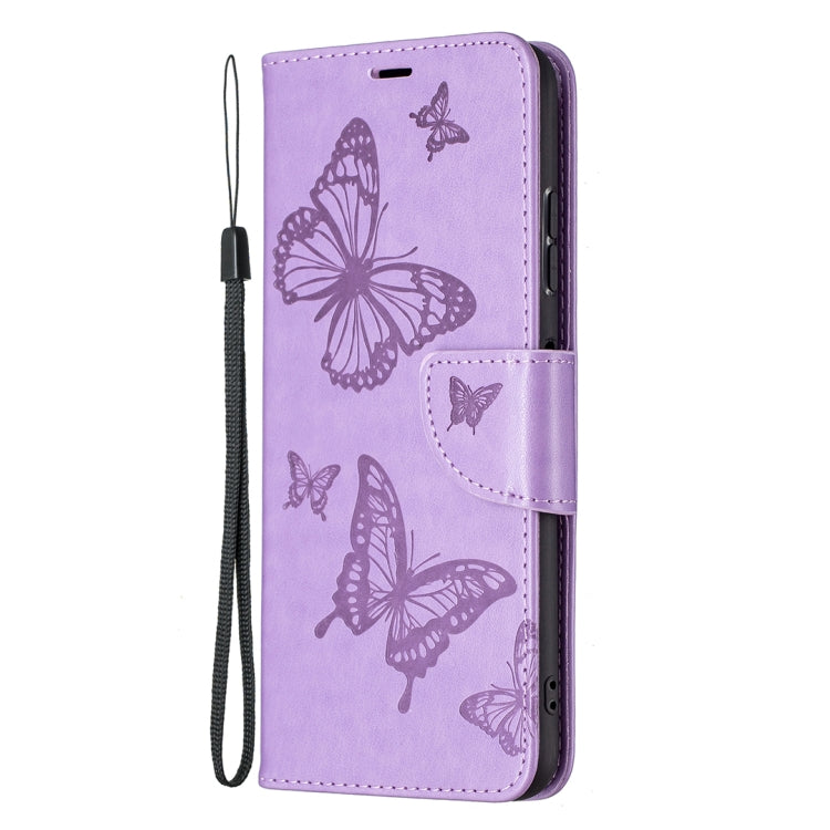 For Samsung Galaxy A22 5G Embossing Two Butterflies Pattern Horizontal Flip PU Leather Case with Holder & Card Slot & Wallet & Lanyard